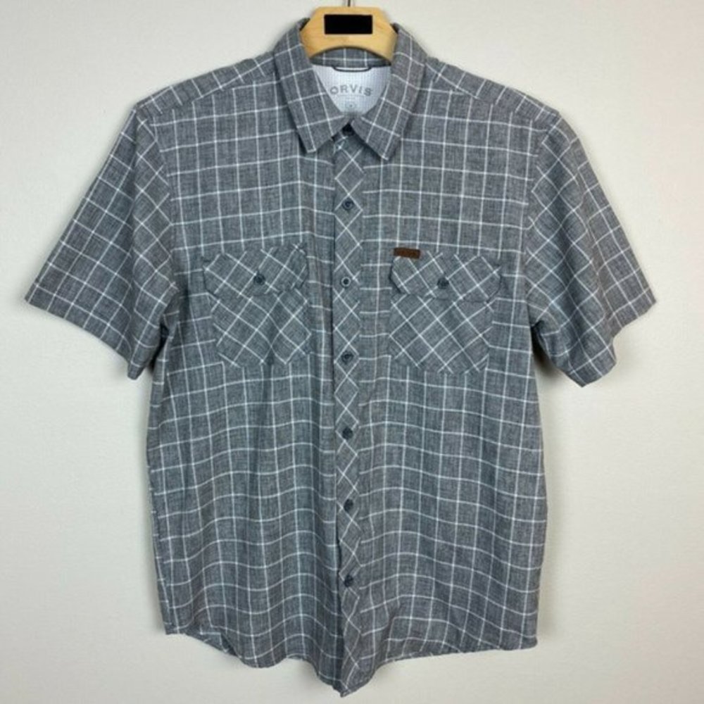 Orvis‎ Shirt M Tech Performance Short Sleeve Button Up Plaid Gray White Mens